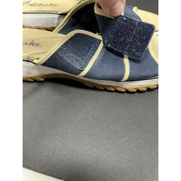 Clarks 36124 Navy Tan Canvas Hook & Loop Slide On Comfort Womens Sandals Sz 11M - Picture 5 of 7